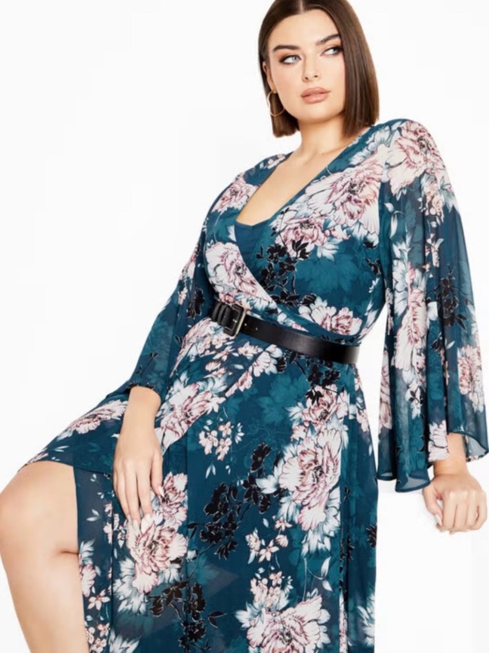 City Chic Plus Size Teal Floral Wrap Maxi Dress with Bell Sleeves